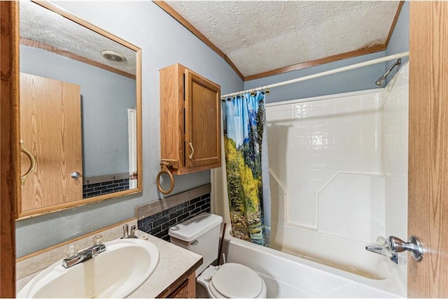 2077A 250th Ave Unit N, Luck, WI 54853 - full bathroom with a textured ceiling, shower / bath combo with shower curtain, vanity, toilet, and ornamental molding