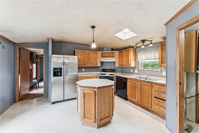 2077A 250th Ave Unit N, Luck, WI 54853 - kitchen with stainless steel refrigerator with ice dispenser, dishwasher, white range with gas cooktop, a textured ceiling, and a sink