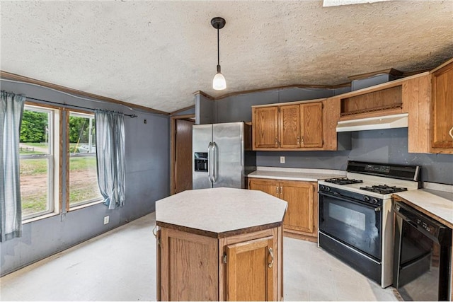 2077A 250th Ave Unit N, Luck, WI 54853 - kitchen with stainless steel fridge, black gas stove, under cabinet range hood, a textured ceiling, and light countertops