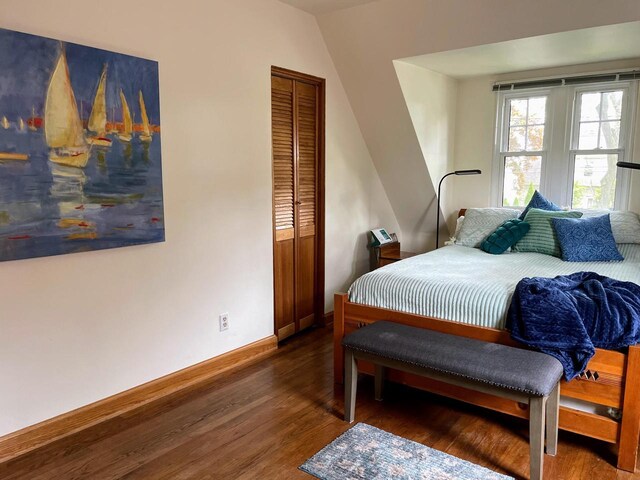 620 W Rock Pl, Glendale, WI 53209 - bedroom featuring wood finished floors, baseboards, lofted ceiling, and a closet