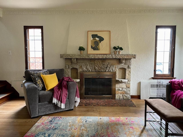 620 W Rock Pl, Glendale, WI 53209 - living area with wood finished floors, a textured wall, a stone fireplace, radiator heating unit, and baseboards