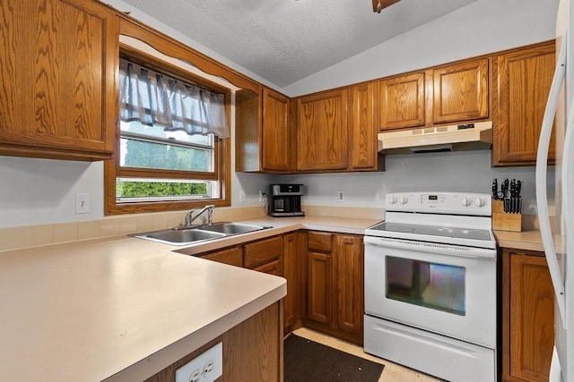 1330 Pinehurst Ln, Neenah, WI 54956 - kitchen with electric stove, under cabinet range hood, a sink, brown cabinets, and a textured ceiling