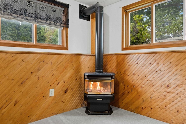 1330 Pinehurst Ln, Neenah, WI 54956 - detailed view of a wood stove, wainscoting, carpet, and wooden walls