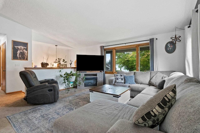 1330 Pinehurst Ln, Neenah, WI 54956 - carpeted living room with lofted ceiling and a textured ceiling