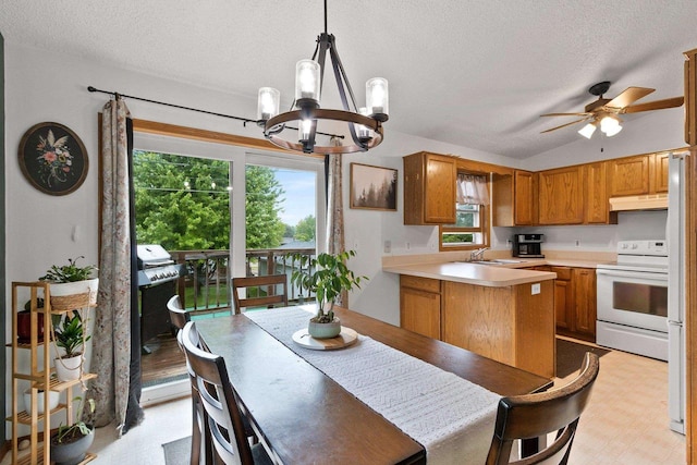 1330 Pinehurst Ln, Neenah, WI 54956 - dining space with a chandelier, a textured ceiling, and ceiling fan