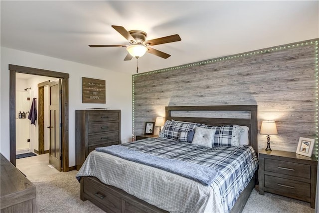 16437 56th Ave, Chippewa Falls, WI 54729 - bedroom with light carpet, wooden walls, and a ceiling fan
