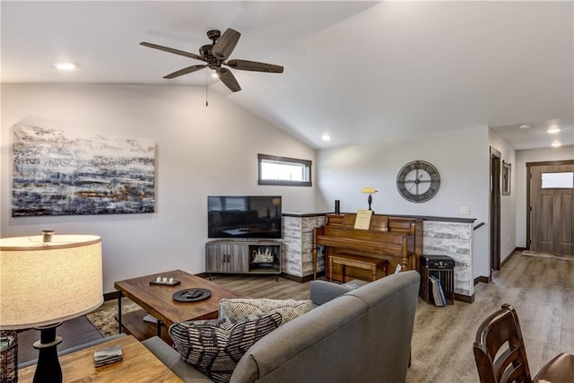16437 56th Ave, Chippewa Falls, WI 54729 - living area with ceiling fan, wood finished floors, vaulted ceiling, recessed lighting, and baseboards