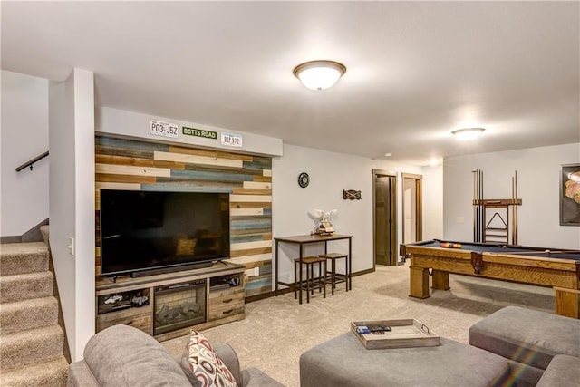 16437 56th Ave, Chippewa Falls, WI 54729 - carpeted living area featuring stairs, pool table, and baseboards