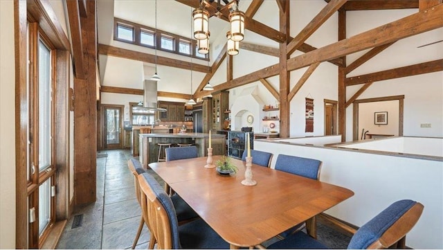 N30732 Square Bluff Rd, Blair, WI 54616 - dining area with high vaulted ceiling and beamed ceiling