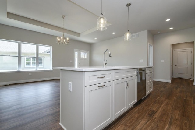 20880 Gray St, Lannon, WI 53046 - kitchen with a sink, dark wood-type flooring, a chandelier, recessed lighting, and light countertops