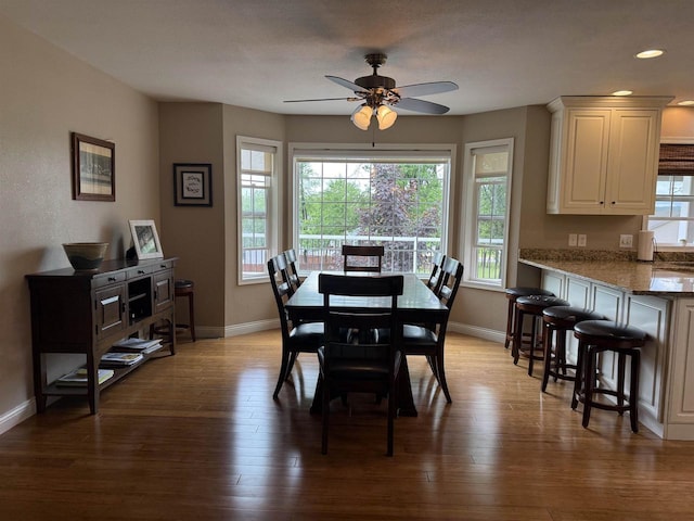 121 Doc Mac Dr, Boscobel, WI 53805 - dining area with baseboards, a ceiling fan, wood finished floors, and recessed lighting