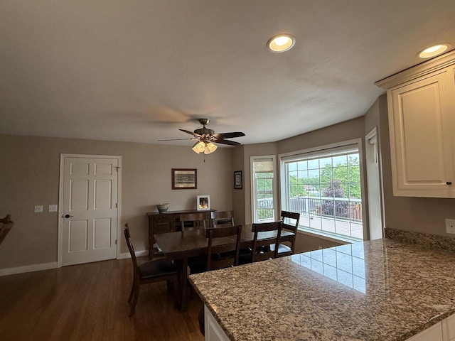 121 Doc Mac Dr, Boscobel, WI 53805 - dining space featuring dark wood-type flooring, a ceiling fan, baseboards, and recessed lighting