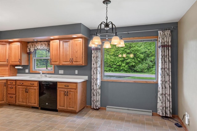 3594 Sunset Dr N, Stevens Point, WI 54482 - kitchen with dishwasher, a sink, baseboards, and a chandelier