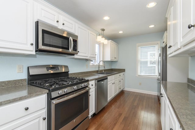 3552 S Pine Ave, Milwaukee, WI 53207 - kitchen featuring stainless steel appliances, a sink, white cabinets, dark wood-style floors, and recessed lighting