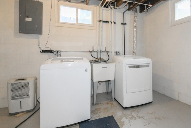 3552 S Pine Ave, Milwaukee, WI 53207 - washroom with electric panel, concrete block wall, and washing machine and dryer
