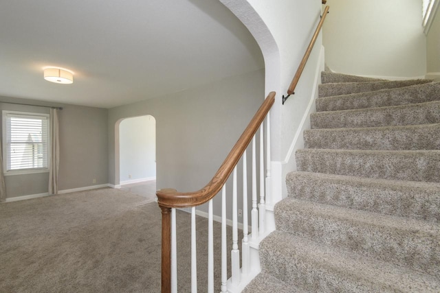 3552 S Pine Ave, Milwaukee, WI 53207 - stairs with arched walkways, carpet flooring, and baseboards