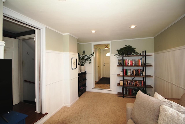 116 N 85th St, Wauwatosa, WI 53226 - carpeted living room featuring wainscoting, recessed lighting, and ornamental molding