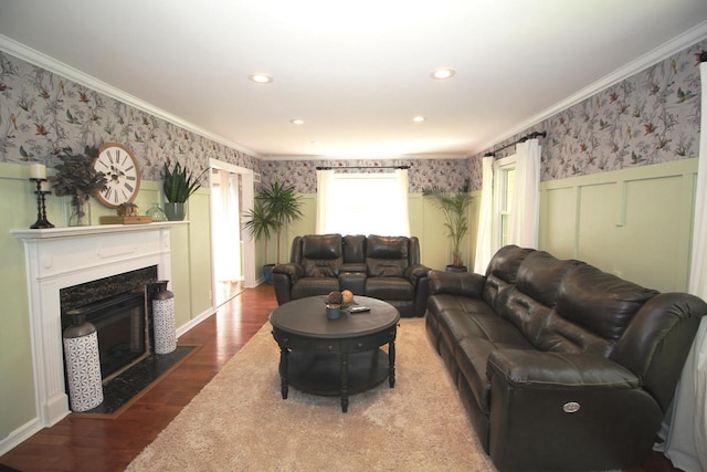 116 N 85th St, Wauwatosa, WI 53226 - living area featuring wallpapered walls, wood finished floors, crown molding, a fireplace with flush hearth, and a wainscoted wall
