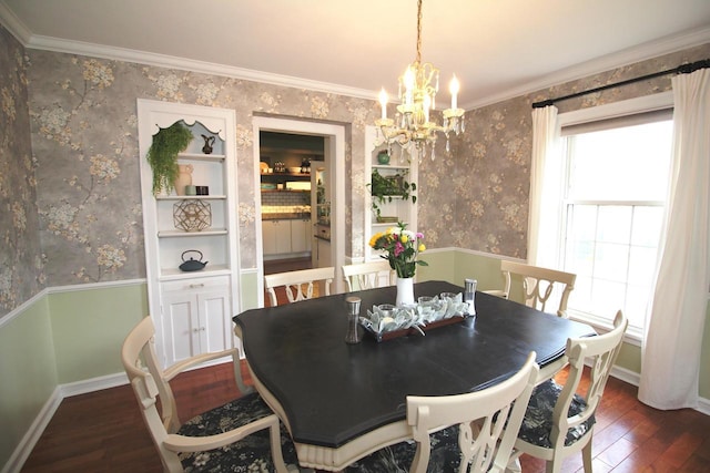 116 N 85th St, Wauwatosa, WI 53226 - dining room with wallpapered walls, hardwood / wood-style floors, a chandelier, wainscoting, and crown molding