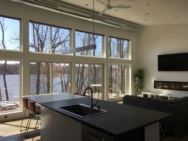303 Craig Rd, Edgerton, WI 53534 - kitchen featuring a towering ceiling, a water view, dark countertops, and plenty of natural light