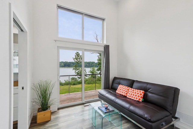 303 Craig Rd, Edgerton, WI 53534 - living area with plenty of natural light, a water view, wood finished floors, and a high ceiling