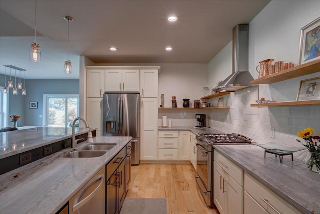 5508 Midmoor Rd, Monona, WI 53716 - kitchen featuring a sink, appliances with stainless steel finishes, open shelves, wall chimney range hood, and white cabinetry