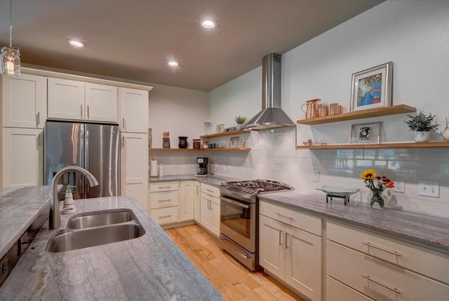 5508 Midmoor Rd, Monona, WI 53716 - kitchen with stainless steel appliances, open shelves, exhaust hood, a sink, and light wood-type flooring