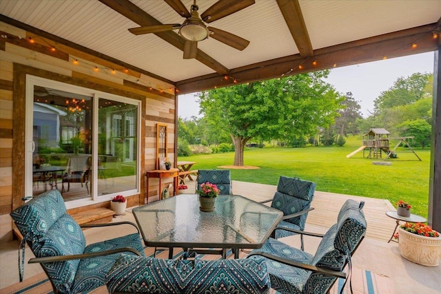 5508 Midmoor Rd, Monona, WI 53716 - view of patio with ceiling fan, a playground, outdoor dining space, and a deck