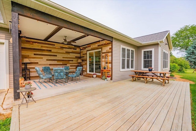 5508 Midmoor Rd, Monona, WI 53716 - wooden deck featuring outdoor dining space and a ceiling fan