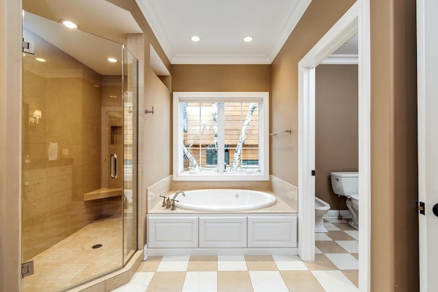 1834 Camelot Dr, Madison, WI 53705 - full bath with toilet, a garden tub, a stall shower, tile patterned floors, and ornamental molding