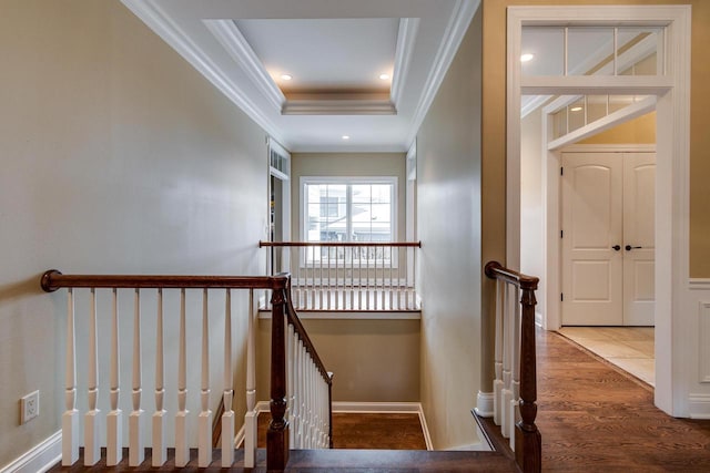 1834 Camelot Dr, Madison, WI 53705 - stairway with crown molding, a raised ceiling, wood finished floors, recessed lighting, and baseboards