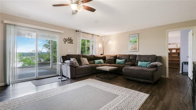 1604 Lake Rd, Altoona, WI 54720 - living room featuring a ceiling fan, dark wood finished floors, and baseboards