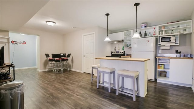 1604 Lake Rd, Altoona, WI 54720 - kitchen featuring open shelves, white appliances, wooden counters, and dark wood-style flooring