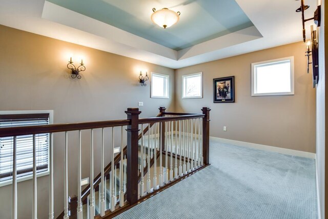 6679 S Chickahauk Trl, Middleton, WI 53562 - corridor with a raised ceiling, an upstairs landing, carpet flooring, and healthy amount of natural light