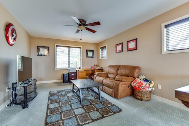 6679 S Chickahauk Trl, Middleton, WI 53562 - living area with carpet flooring, a ceiling fan, and baseboards