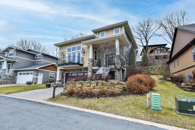 6679 S Chickahauk Trl, Middleton, WI 53562 - prairie-style home featuring stone siding, concrete driveway, stairway, stucco siding, and a front yard