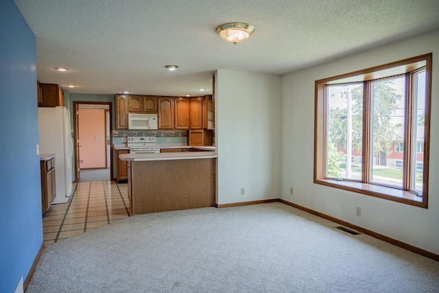 706 Tremont St, Mauston, WI 53948 - kitchen featuring white appliances, brown cabinetry, light carpet, light countertops, and a textured ceiling