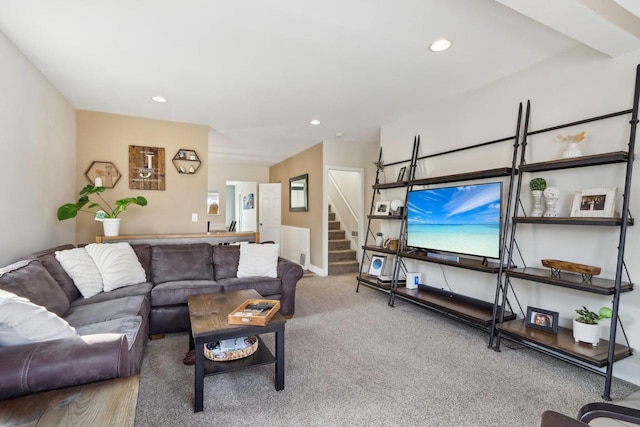 707 E Roland St, Oconomowoc, WI 53066 - living room featuring carpet, stairway, and recessed lighting