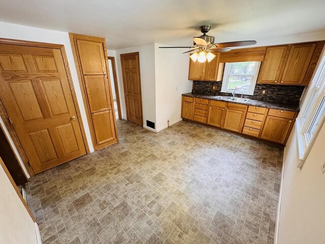 1344 Mckinley Ave, Beloit, WI 53511 - kitchen featuring backsplash, a ceiling fan, dark countertops, baseboards, and brown cabinetry
