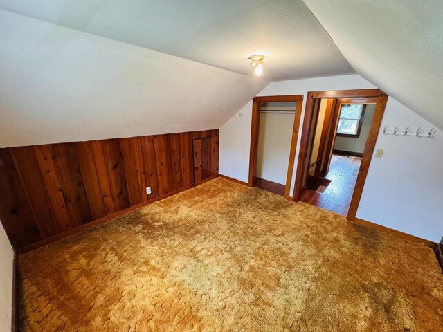 1344 Mckinley Ave, Beloit, WI 53511 - additional living space featuring carpet, vaulted ceiling, wooden walls, and baseboards