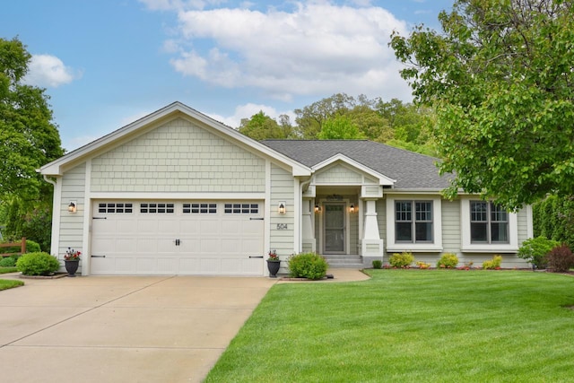 504 Sand Dr, West Bend, WI 53095 - single story home with concrete driveway, an attached garage, a front yard, and a shingled roof