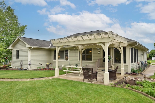 504 Sand Dr, West Bend, WI 53095 - rear view of house with a pergola, a patio, a lawn, and roof with shingles