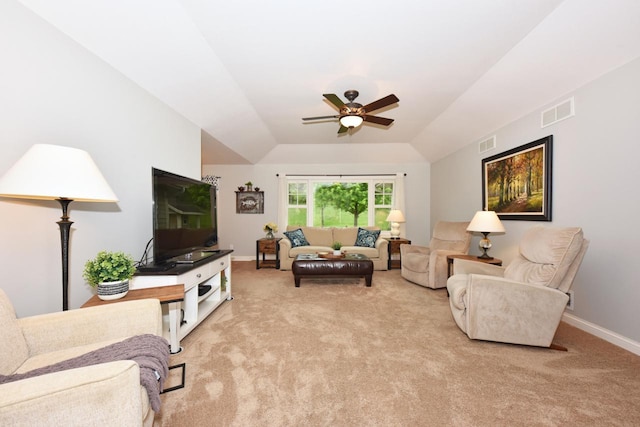 504 Sand Dr, West Bend, WI 53095 - living room featuring a ceiling fan, carpet, lofted ceiling, and baseboards