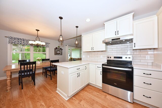 504 Sand Dr, West Bend, WI 53095 - kitchen with stainless steel range with electric stovetop, under cabinet range hood, a peninsula, light wood finished floors, and tasteful backsplash