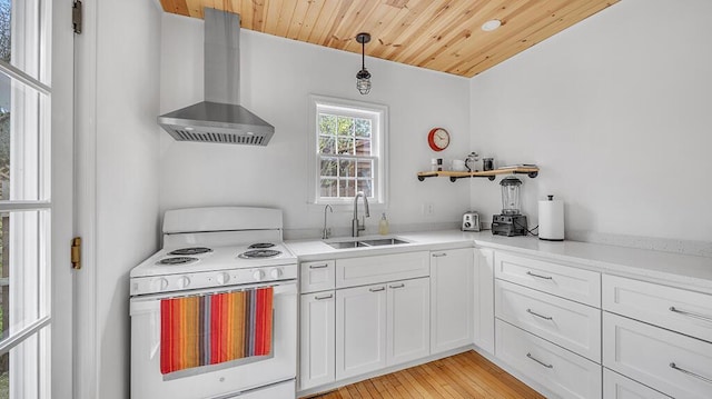 5515 Evergreen Dr, Sheboygan, WI 53081 - kitchen featuring white electric range oven, wall chimney exhaust hood, a sink, wood ceiling, and white cabinetry