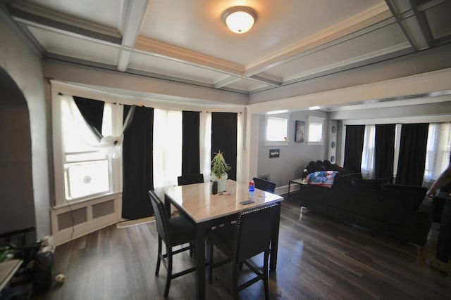 2477 N 37th St Unit 2479, Milwaukee, WI 53210 - dining room featuring coffered ceiling, dark wood finished floors, beam ceiling, and arched walkways