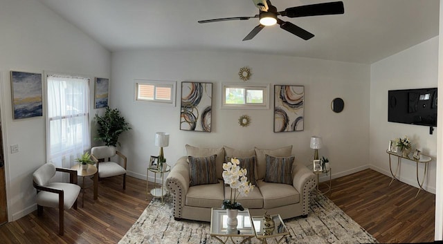 901 S 90th St, West Allis, WI 53214 - living room featuring wood finished floors, baseboards, ceiling fan, and lofted ceiling