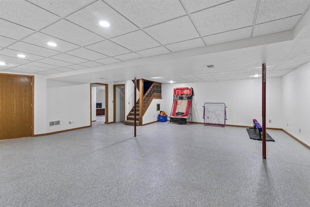 2150 E Carly Ct, Milton, WI 53563 - finished below grade area with baseboards, recessed lighting, a drop ceiling, and stairs