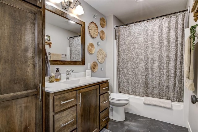 4567 Springfield Dr, Eau Claire, WI 54701 - bathroom with marble look tile flooring, vanity, toilet, and shower / tub combo