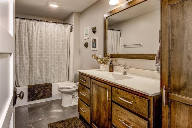 4567 Springfield Dr, Eau Claire, WI 54701 - full bath featuring vanity, toilet, marble finish flooring, and shower / bath combination with curtain